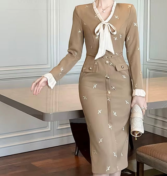 French Style V-neck Bow Embroidered Formal dress