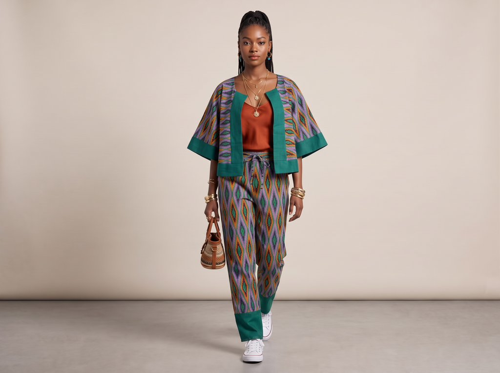 Ikat patterned set embellished with Aso oke