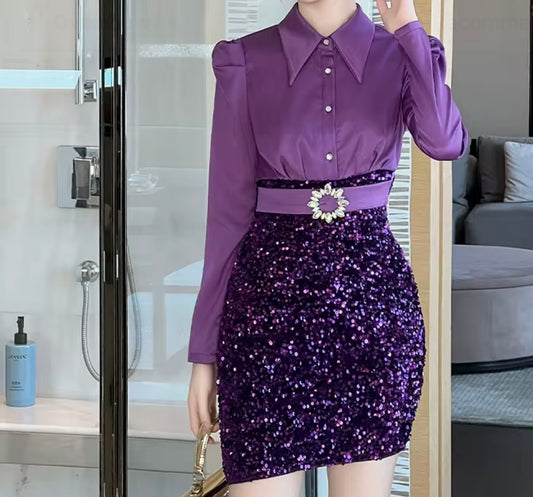 Sequined Puff Long Sleeves Purple Patchwork Velvet Dress Ladies Autumn Mini Short Sexy