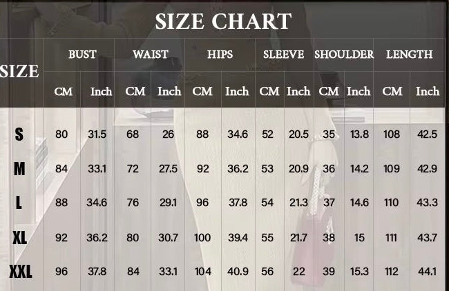 Size chart for clothing measurements with a garment displayed on a mannequin.