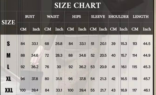 Size chart for clothing measurements with a gray background