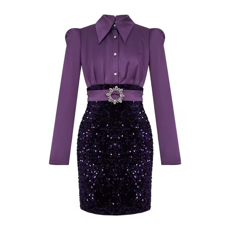 Sequined Puff Long Sleeves Purple Patchwork Velvet Dress
