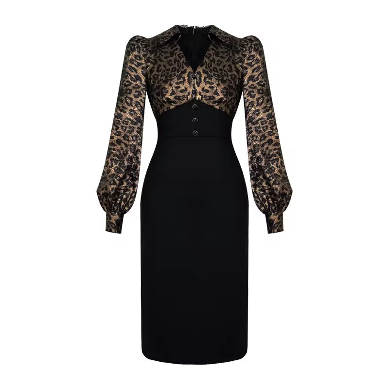 V Neck Wrap Hip Pencil Hem African Patterns Leopard Printed Dresse