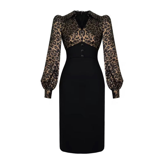 V Neck Wrap Hip Pencil Hem African Patterns Leopard Printed Dresse