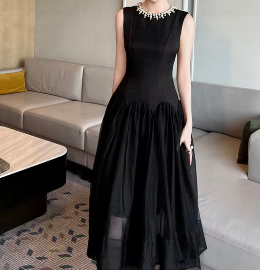 Tulle Patchwork Elegant Ladies Clothing Flowy Black Evening Dress